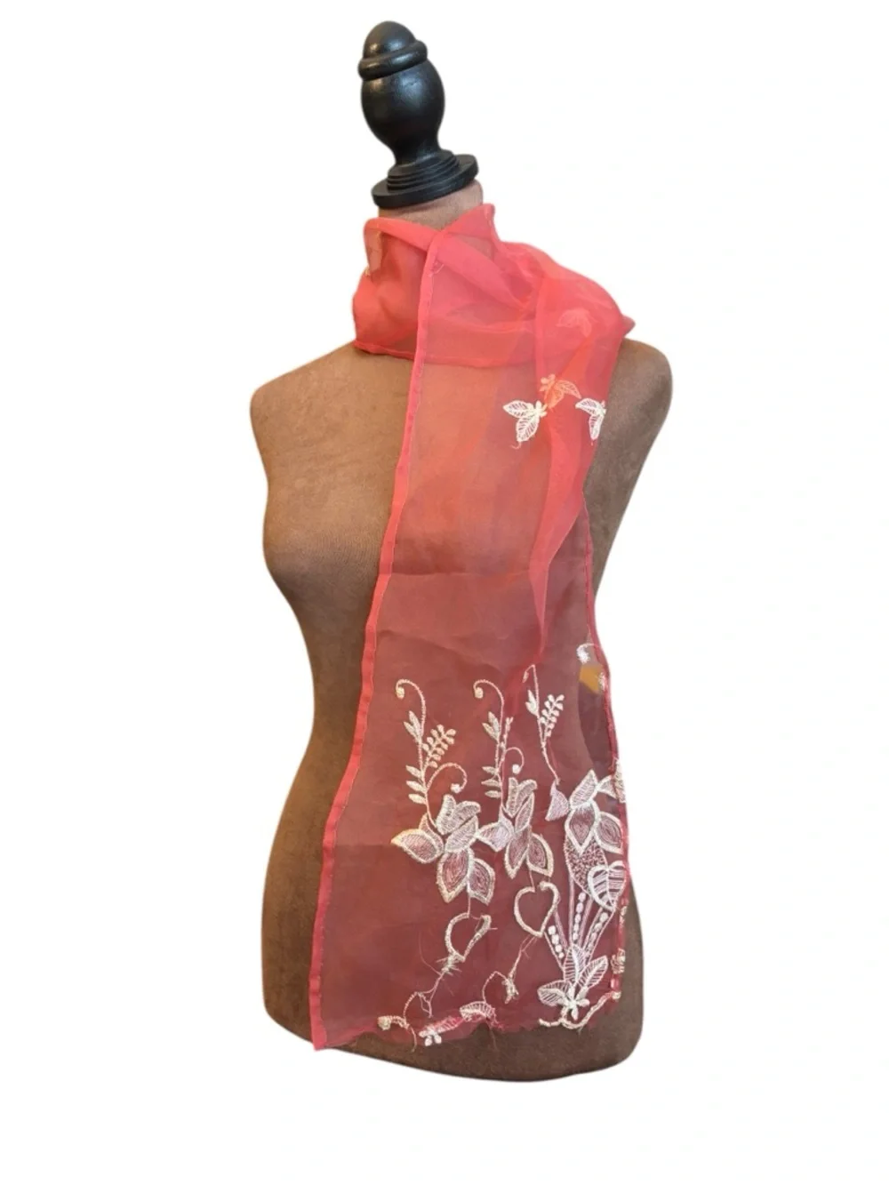 Ladies Floral Embroidered Long‎ Chiffon RED Sheer Scarf Light Wrap Distressed